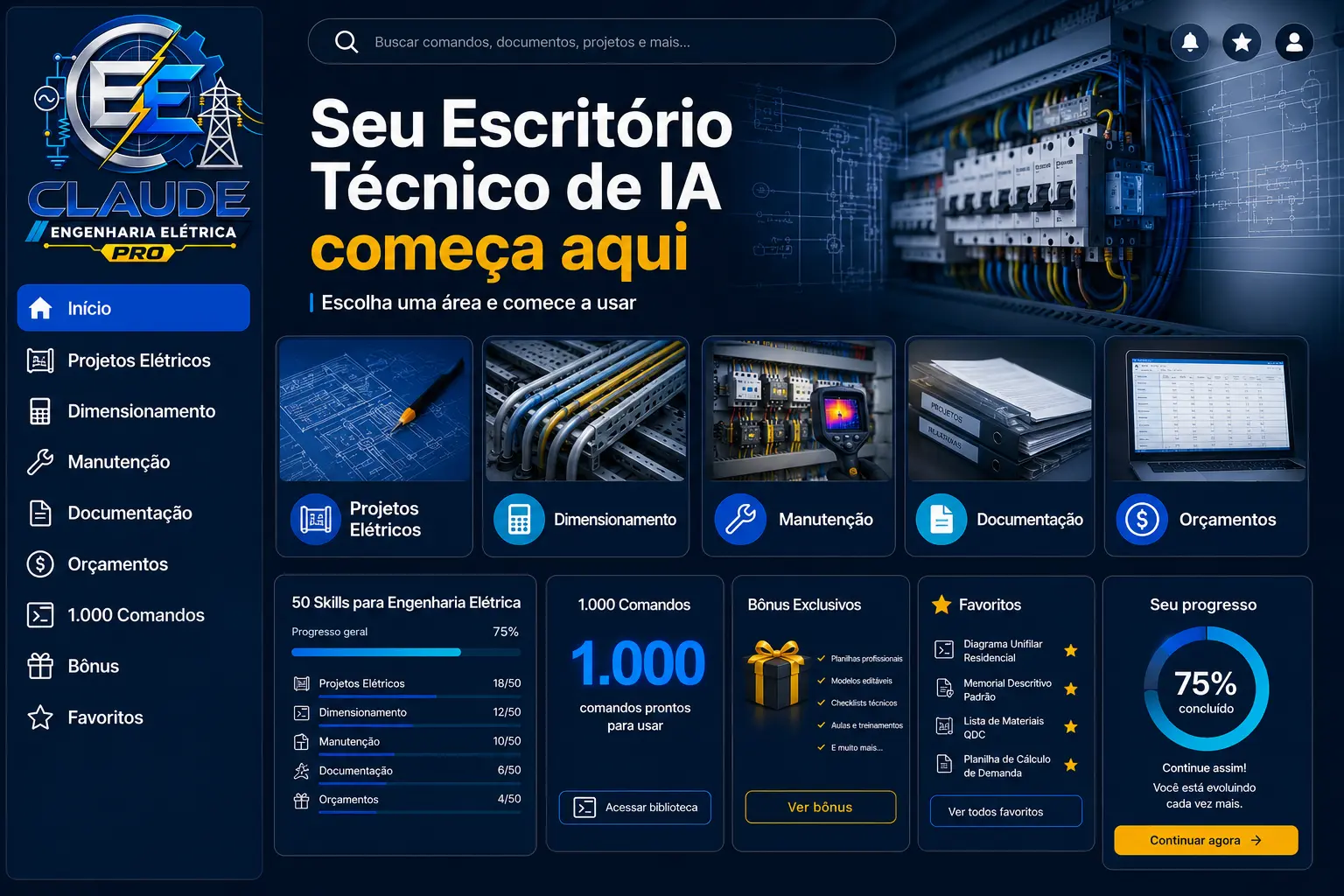 Área interna do Claude Engenharia Elétrica PRO organizada por áreas técnicas