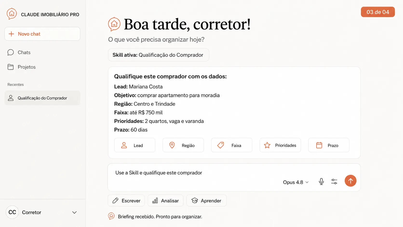 Briefing guiado coletando os dados da oportunidade